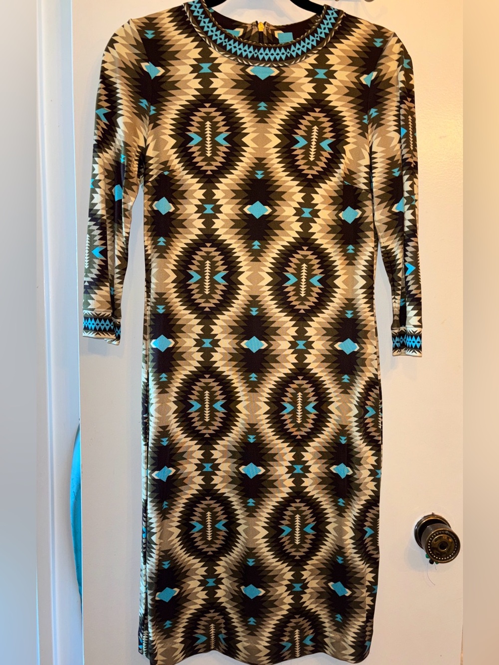 Tory Burch Aztec-Print Long Sleeve Midi Dress in Turquoise & Brown Tones